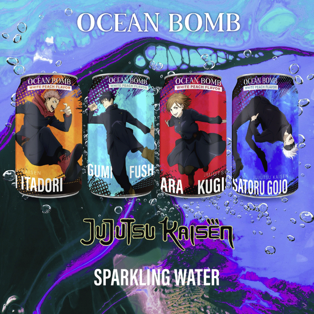 Ocean Bomb Jujutsu Kaisen Sparkling Water White Peach Flavor 330ml (4 Designs)